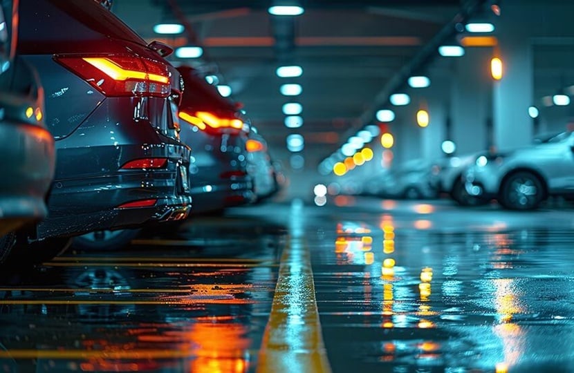 Rear bumpers of cars parked in a car park at night with break lights visible