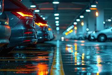 Rear bumpers of cars parked in a car park at night taken from the side with break lights visible