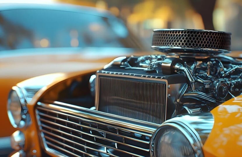 an orange car with the bonnet up showing the engine