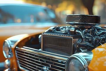 image of an orange car with the bonnet up showing the engine