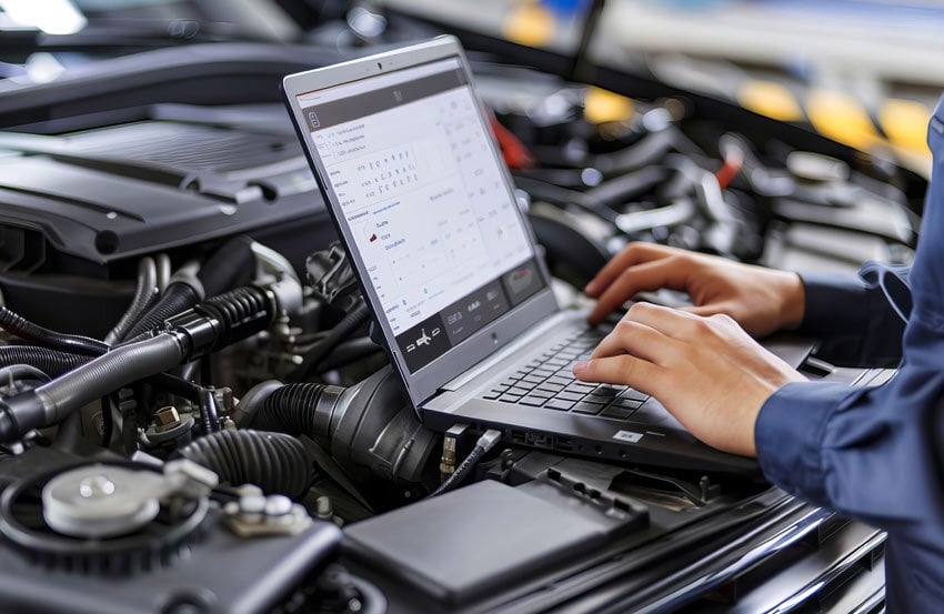 Mechanic remapping a car on a laptop