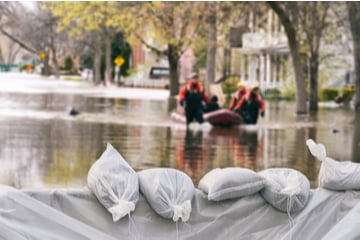 A line of sandbags protecting a home from flooding