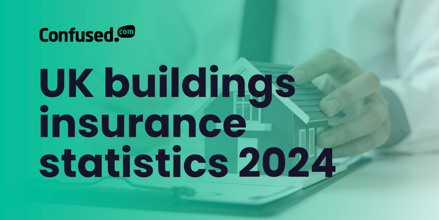Feature image with the title UK buildings insurance statistics 2024 and a man holding a model house