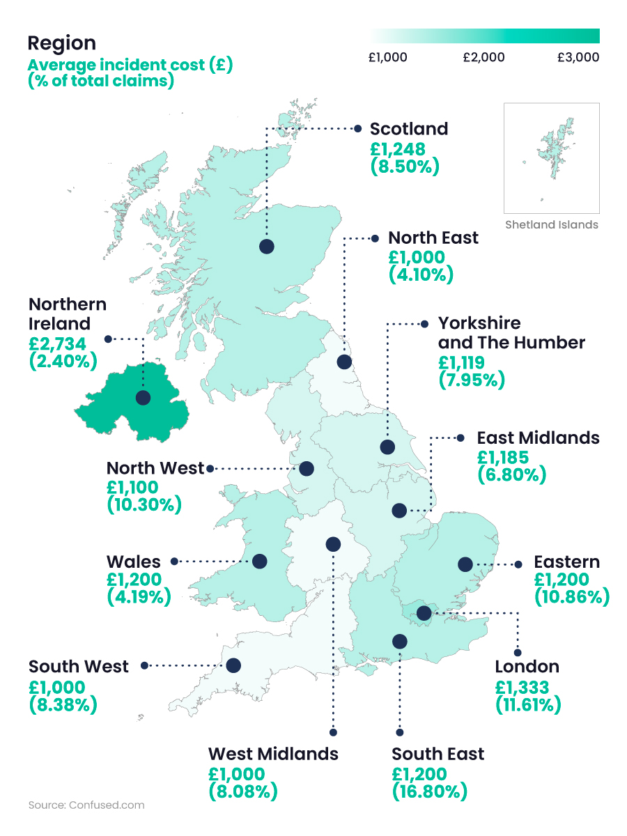 Shaded map of the UK showing total buildings insurance claims statistics by region