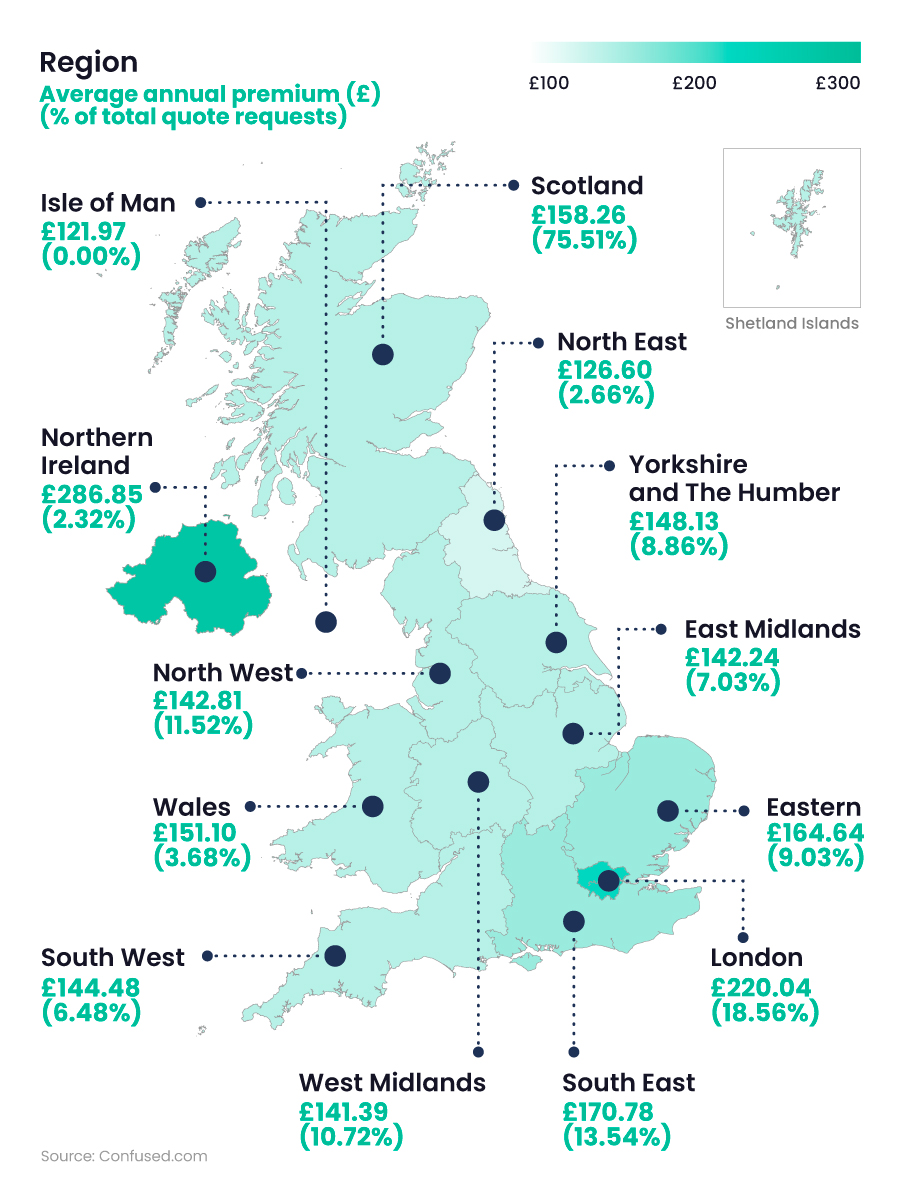 Shaded UK map showing average price of buildings insurance by UK region