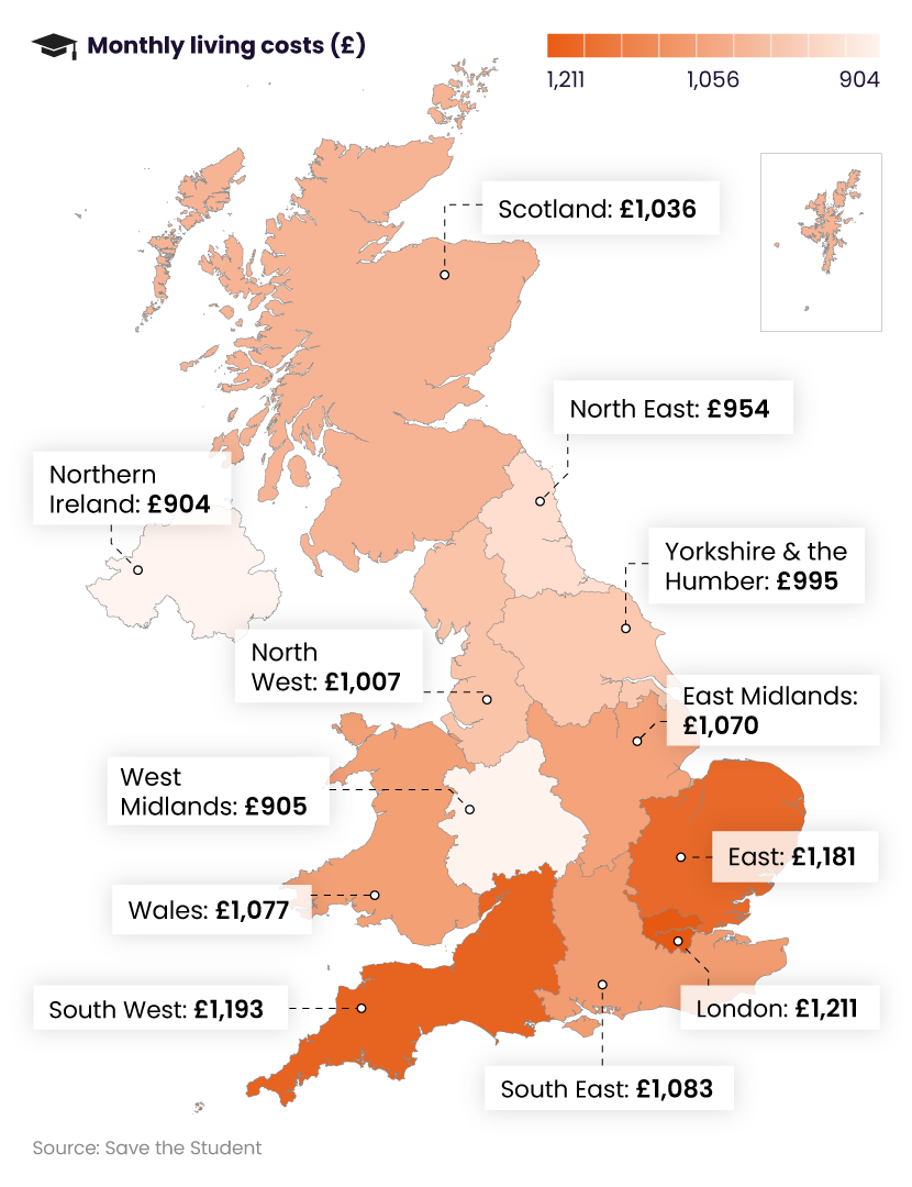 Map graphic showing the monthly living costs across the country