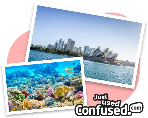 Pictures of Australian landmarks, the Sydney Opera House and the Great Barrier Reef