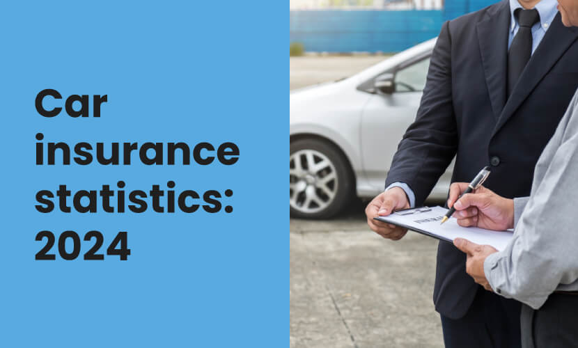 Text over a blue background, reading “car insurance statistics: 2024”. To it’s right there is an image of a man signing a document next to another man with a white car in the background.