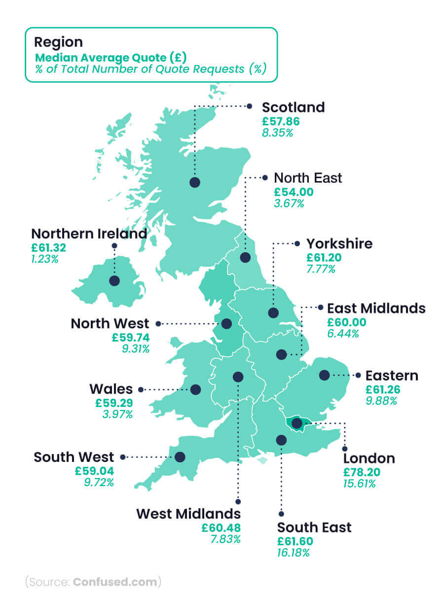 Shaded map graphic of the UK showing a breakdown of the average contents insurance costs by region