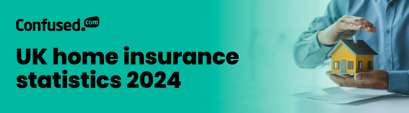 Alt text: Feature image with the title "UK home insurance statistics 2024' next to an image of someone holding a house in between their hands and the confused.com logo in the top left-hand corner.