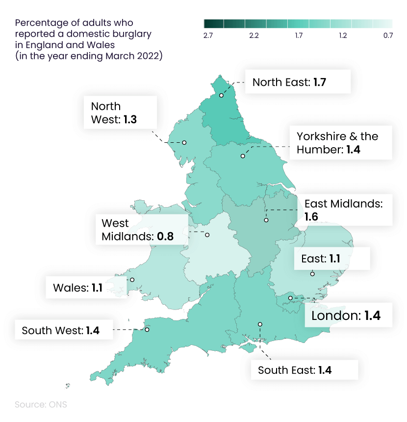 Shaded map of England and Wales showing home burglary statistics by regions 2023