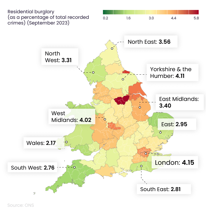 Shaded map of England and Wales showing home burglary statistics by police forces and regions 2023