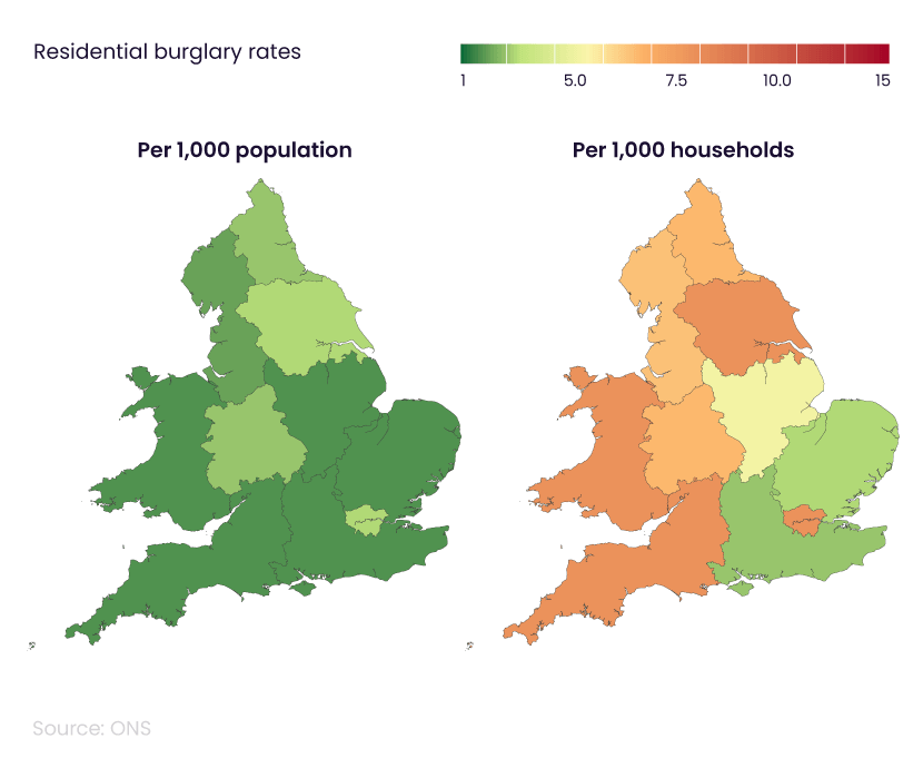 Shaded maps of England and Wales showing home burglary statistics showing residential burglary rate per 1,000 population and per 1,000 households by regions in 2023