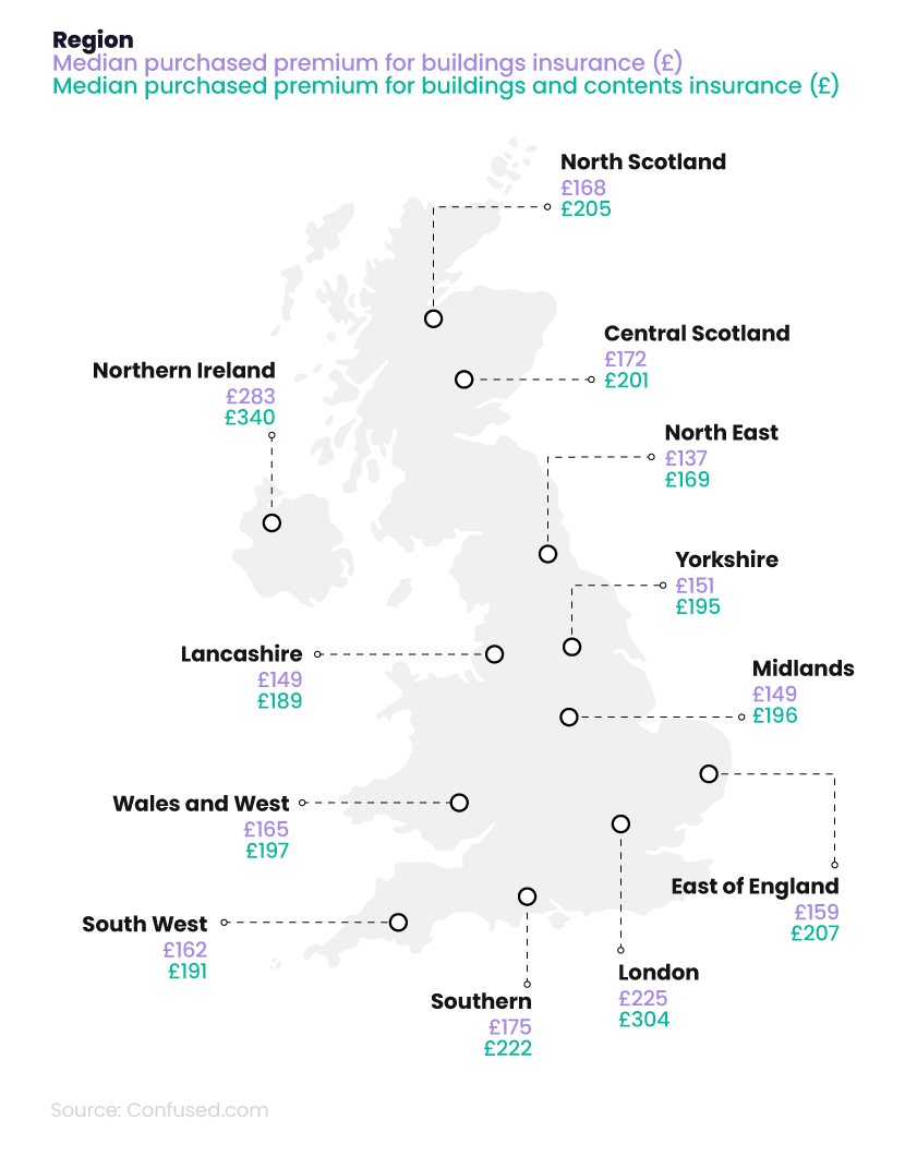 Map graphic showing median average cost of UK home insurance by region in 2023