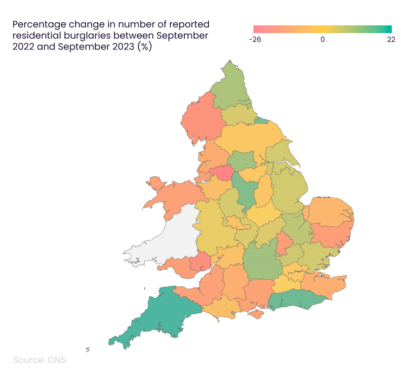 Map graphic showing the counties with the biggest percentage change in residential burglaries between September 2022 and 2023.